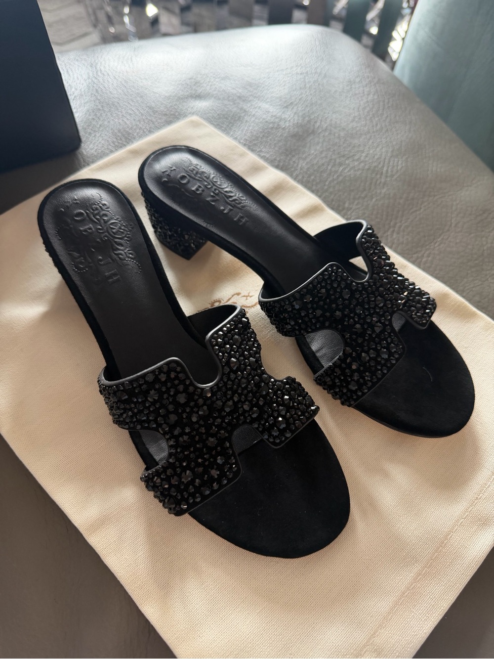 Black Crystal Embellished Women's Oren Slide Heels - Hermes style